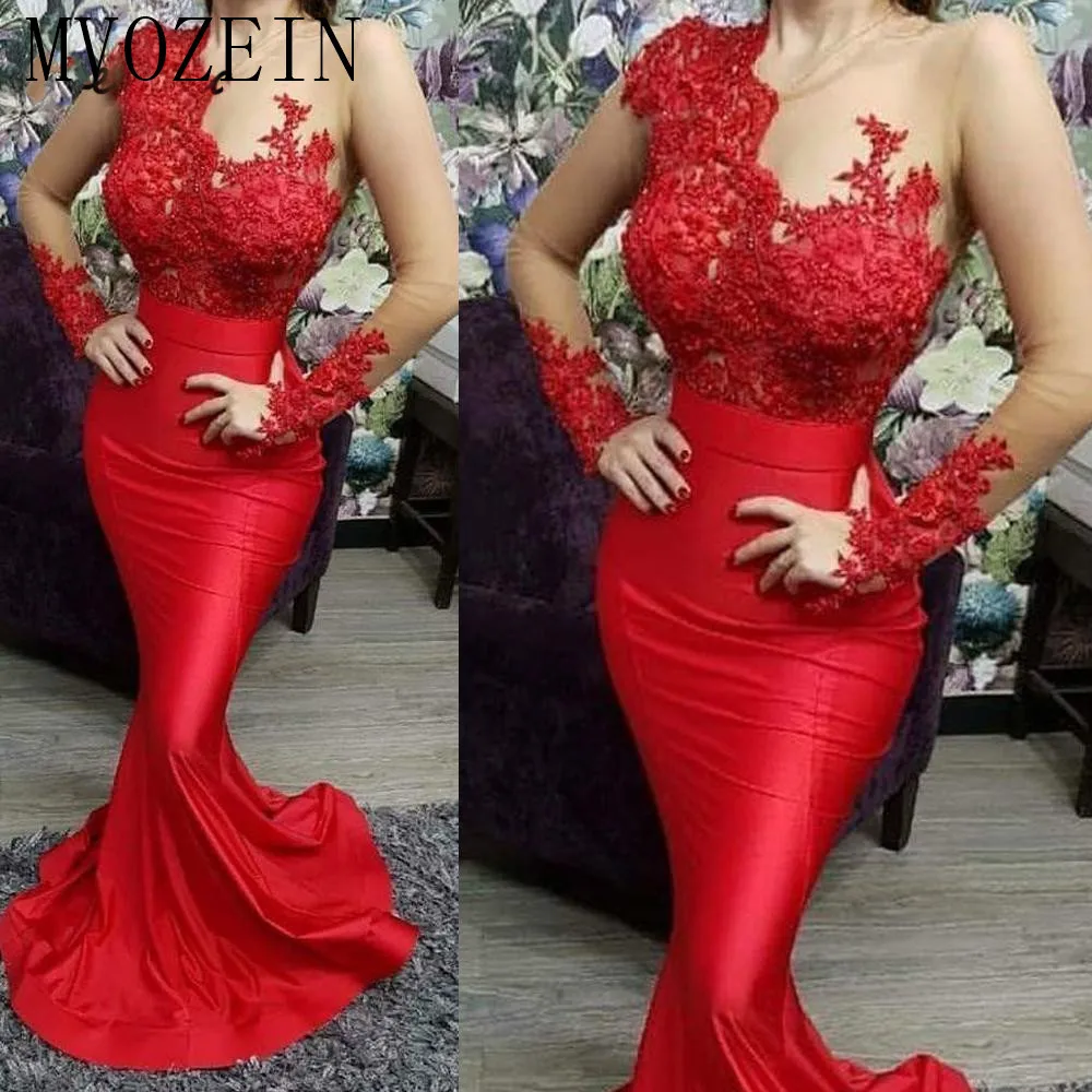 Mermaid Red Evening Dresses Long Sleeve Lace Applique Beaded Modest Elegant Evening Gown 2020 Vestidos De Festa Longo