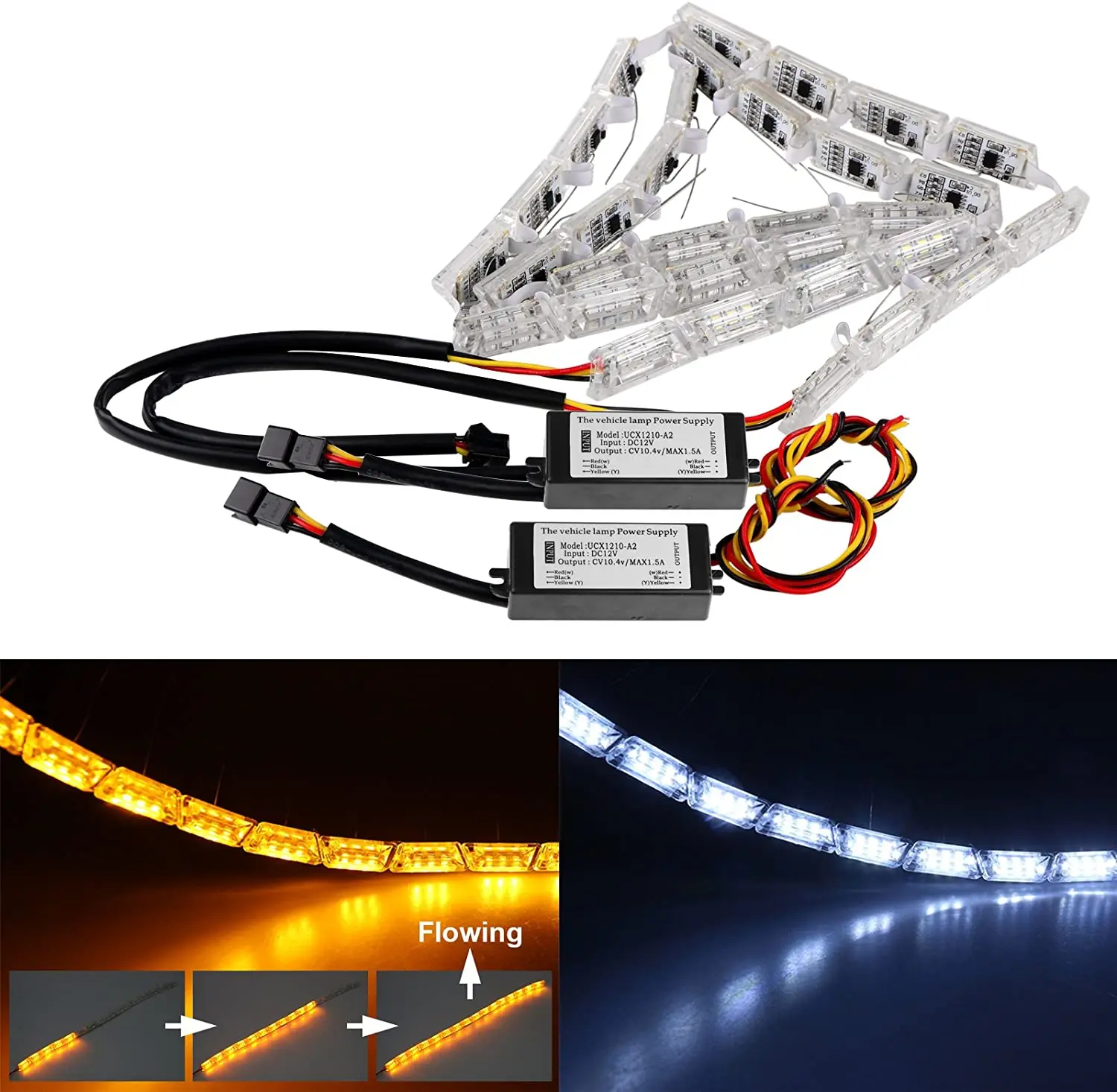 

2x Flexible DRL LED Daytime Running Light Strip Waterproof Sequential Flowing Turn Signal Light LED Car Headlight White Amber