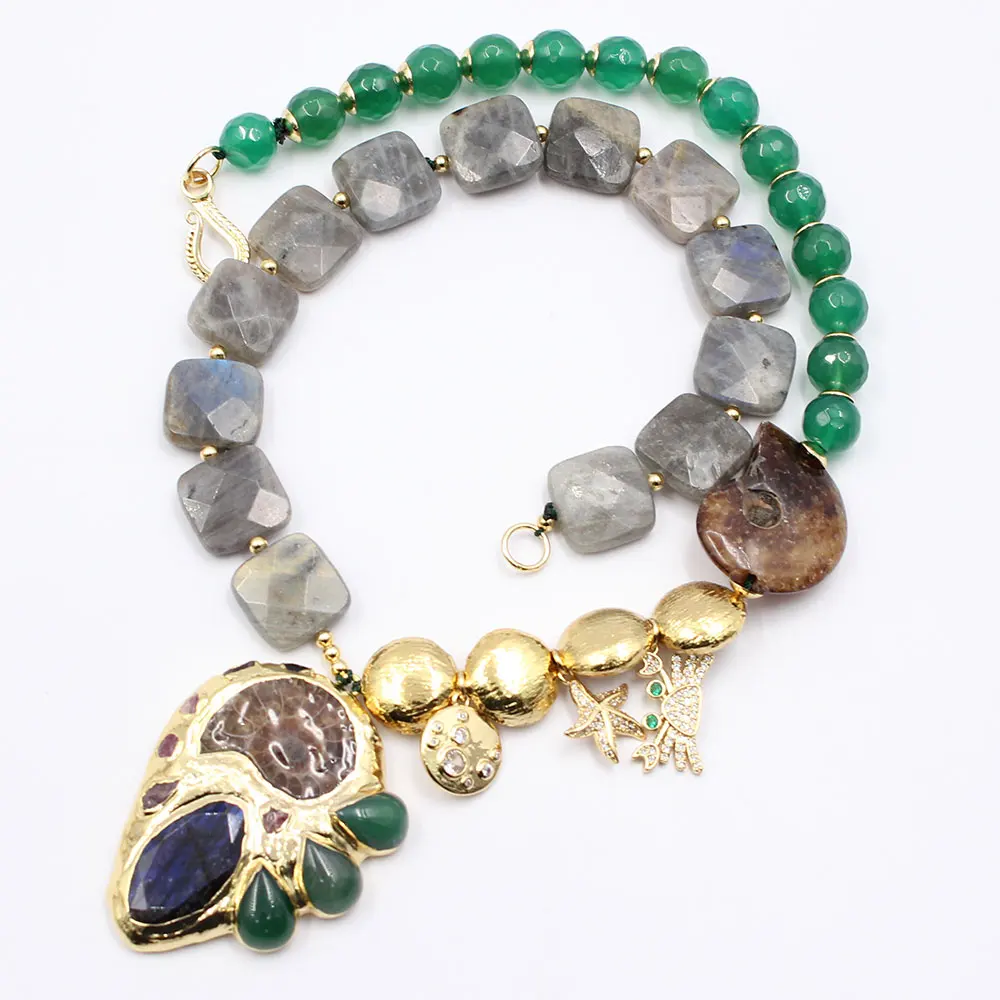 GG Natural Green Agate Labradorite Necklace Gold Plated Labradorite Green Agate CZ Pave Pendant For Women