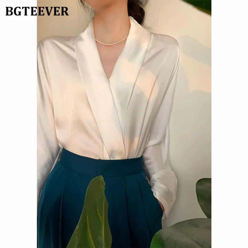 BGTEEVER Elegant V-neck Satin Women Blouses 2021 Autumn Ladies Blusas Full Sleeve Loose Office Wear Female Shirts Tops