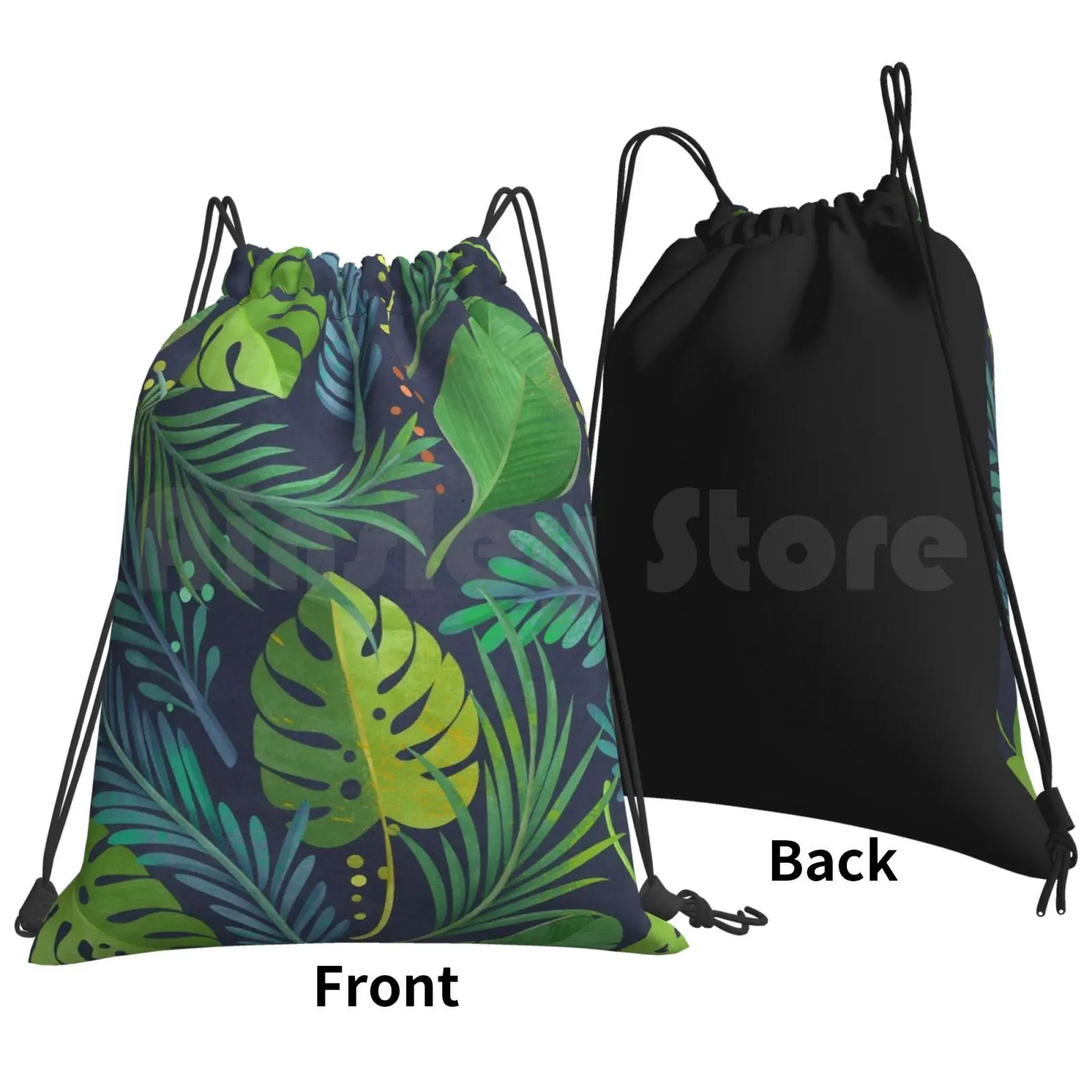 Rain Forest Backpack Drawstring Bag Riding Climbing Gym Bag  Tropical Rain Forest Palm Tree Banana Leaf Green Mint Teal Blue