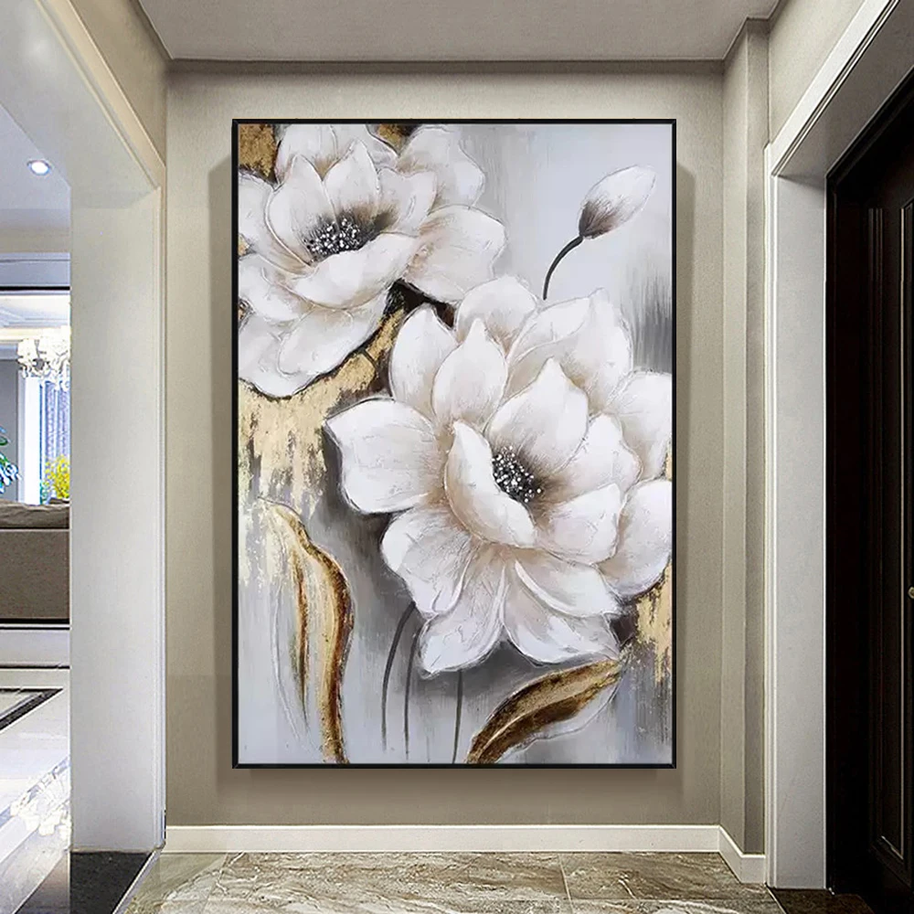 

100%Hand Painted Oil Painting Vintage Golden White Chinese Style Lotus Decor Wall Paintings For Living Room Dining Bedroom Mural