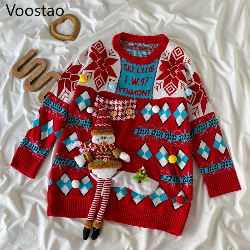 Spring Autumn Women Vintage Knitted Pullovers New Sweet Cute Christmas Style Loose Sweater Winter Girly Harajuku Chic Knitwear