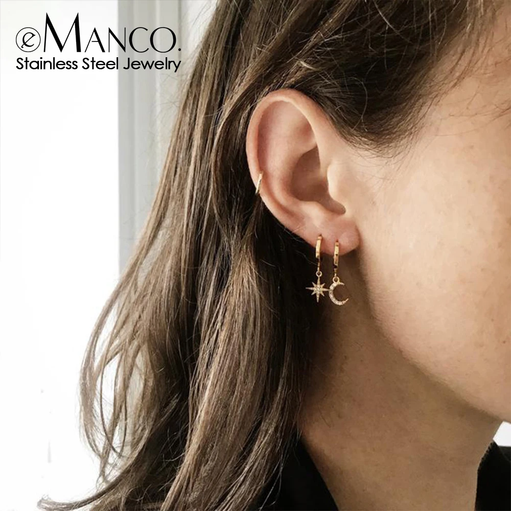 Boucles d'oreilles créoles en acier inoxydable EManco pour femmes, avec pendentifs étoile et lune, bijoux de mode, vente en gros