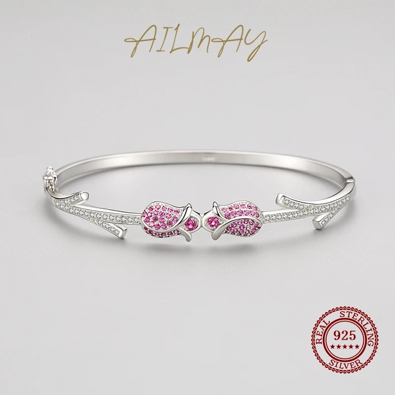 Ailmay autentyczne 925 Sterling Silver Fashion elegancka różowa przezroczysta cyrkonia Rose Flower bransoletki dla kobiet romantyczna biżuteria ślubna — zdjęcie 4