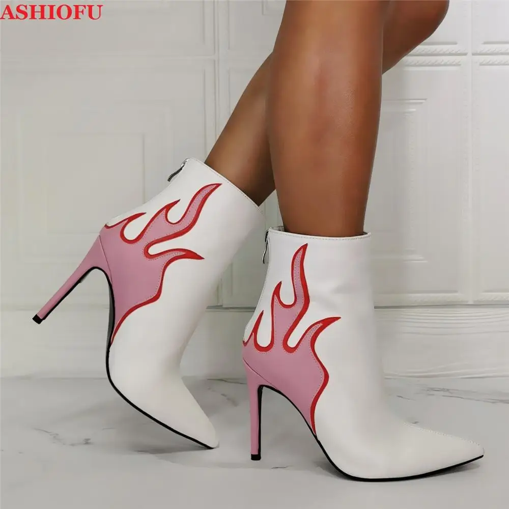 ASHIOFU Handmade New Ladies High Heel Boots Fire-style Pointed-toe Party Prom Ankle Booties Evening Club Fashion Short Boots