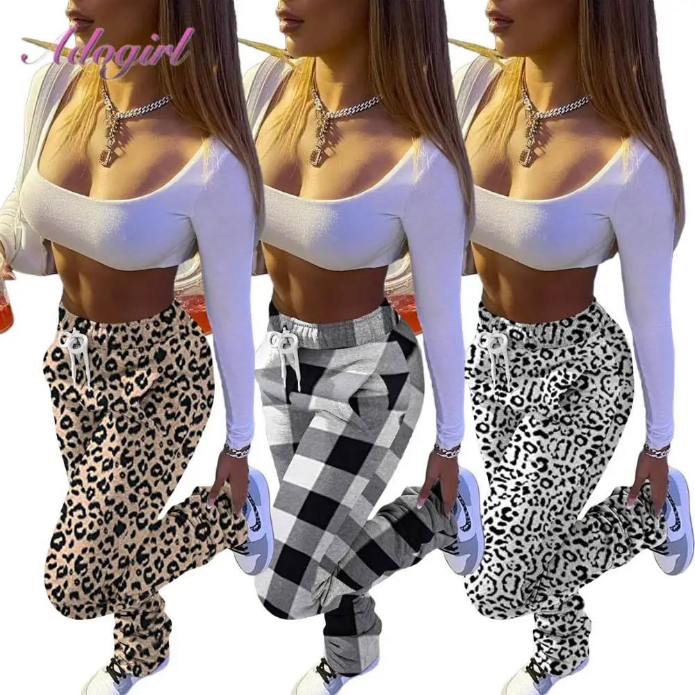 

Casual Leopard Plaid Print Drawstring Fleece High Waist Stacked Pants Women Autumn Warm Active Leggings Pants Jogger Trousers