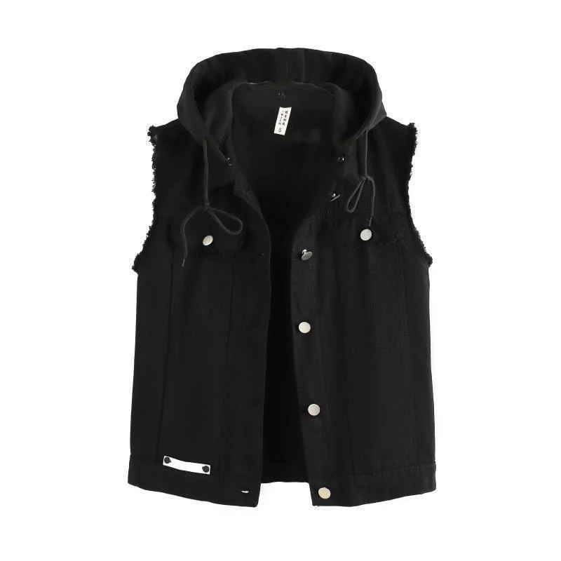 2021 New Spring Autumn Women Fashion Hooded Denim Jacket Waistcoat White Black Vest Female Short Gilet Sleeveless Jeans Coat