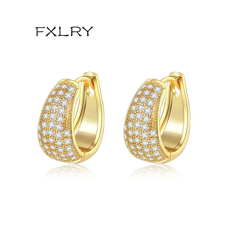 FXLRY New Hot Sale Luxury Fashion Golden And White Color Micro-Inlaid Zircon Stereo Hoop Earrings For Women Party Gift