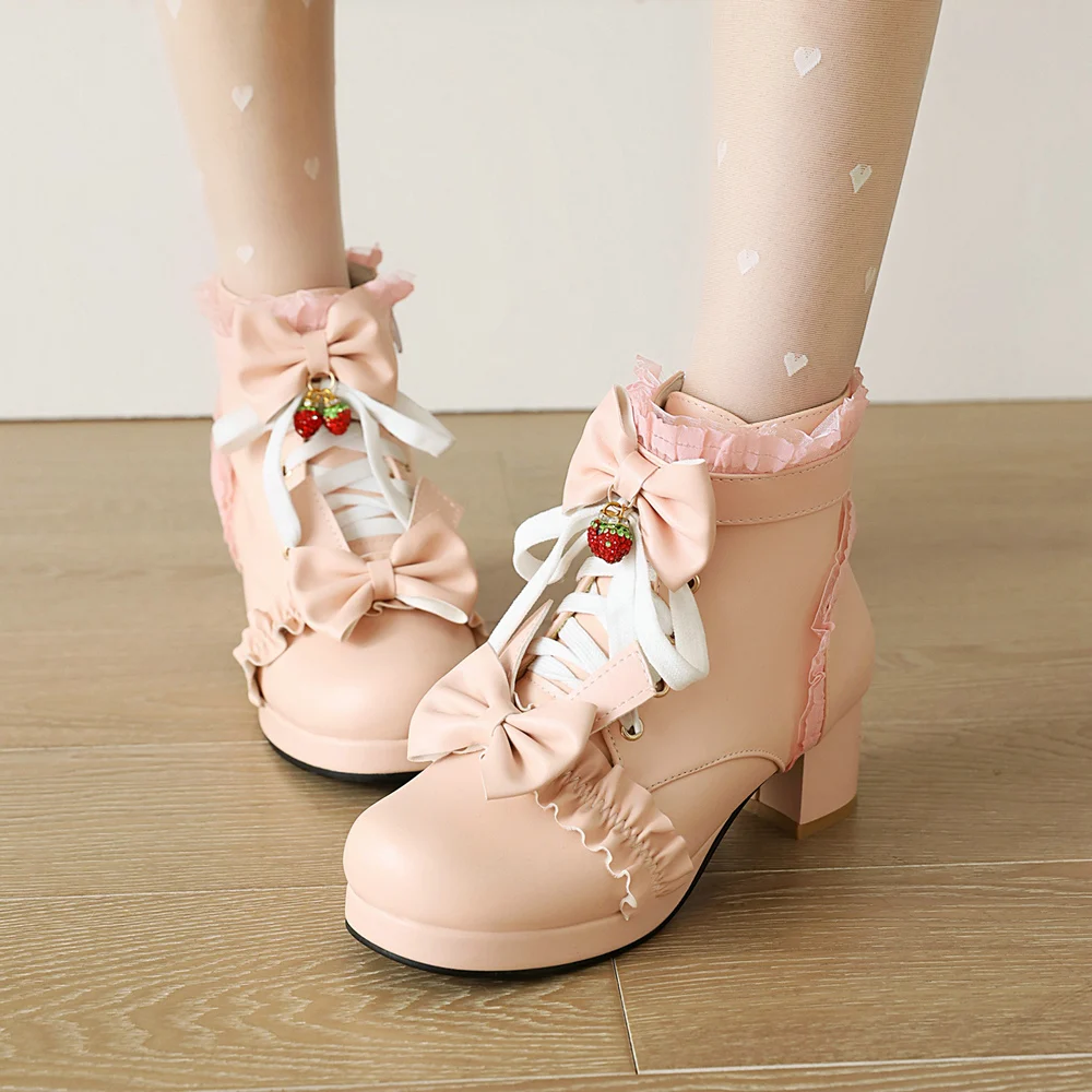 Winter Fashion Lolita Ankle Boots Med Thick Heels Big Size 43 Chunky Platform Sweet Bow Strawberry Woman Pink White Black Shoes