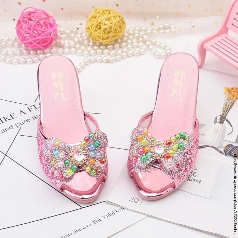 Disney Girls Slipper Rhinestone Butterfly Latin Dance Kids Shoes Children High Heel Princess Shoes Glitter Leather Party Wedding