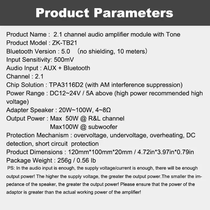 

ZK-TB21 Adjustable Bluetooth-compatible Digital Power Amplifier Module Electronics with Treble and Bass Control