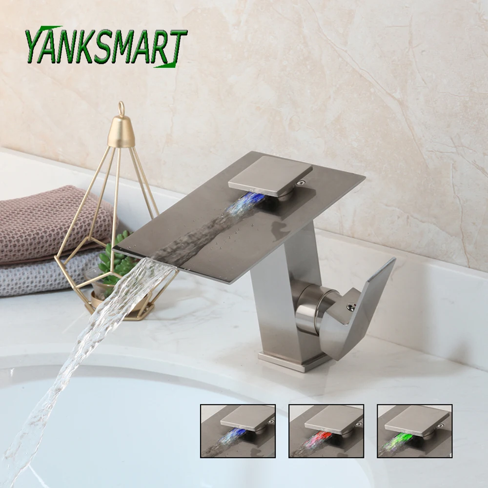 

YANKSMART Nickel Brushed LED Light Bathroom Basin Sink Faucet Single Handle Deck Mounted Taps Waterfall Cold And Hot Mixer Tap