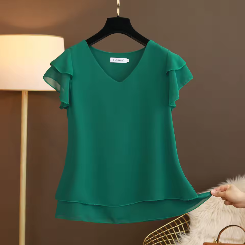 V neck ruffle sleeve blouse for women front view