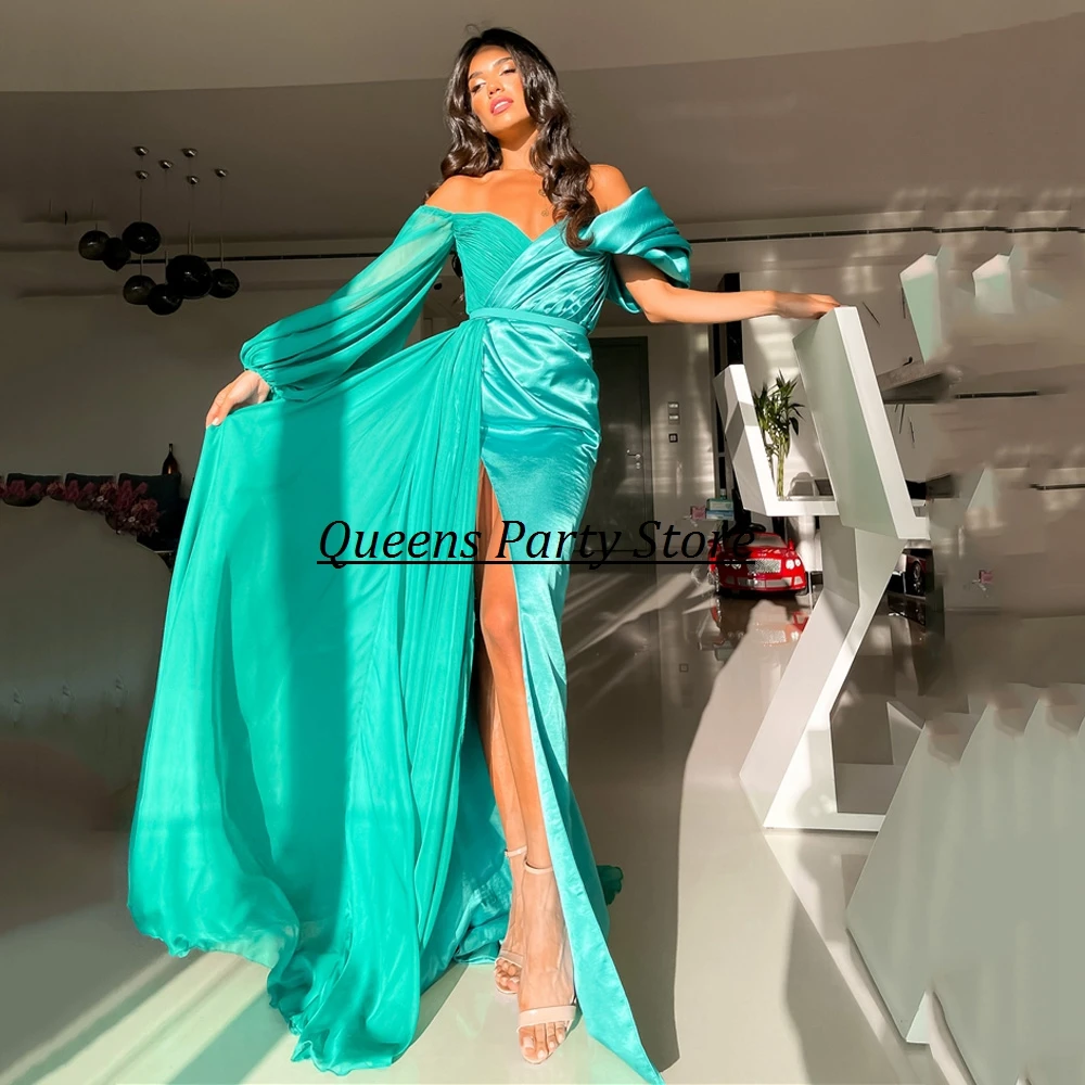 Unique Prom Dresses Party Gowns V Neck Long Sleeves Pleat High Split Sweep Train Sexy New Arrival Evening Dress