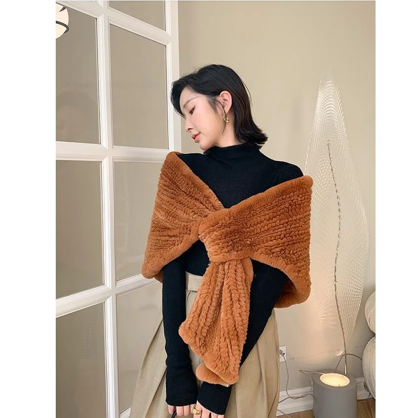 Real Rex Rabbit Fur Scarf Women Winter Warm Knitted Wraps Shawl Party Accessories Female Fashion Cape