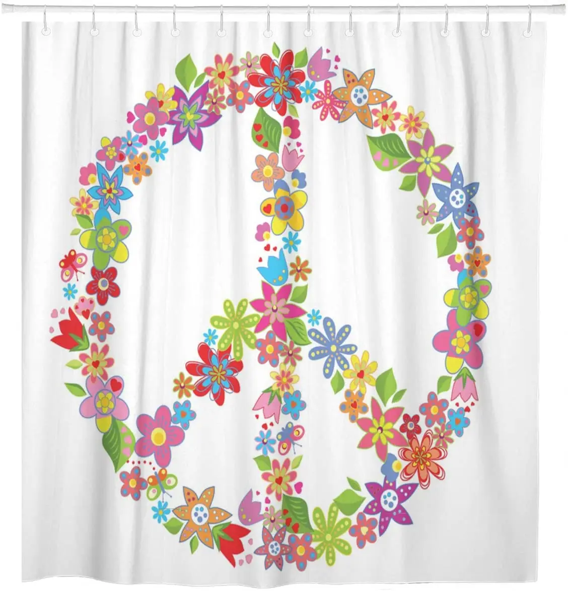 70S Peace Flower Symbol Love Power Sign Floral Clipart Shower Curtain Waterproof Fabric 72 x 72 Inches Set with Hooks