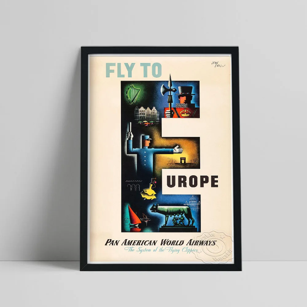 

World Airline Travel Poster, Fly To Europe Abstract Funny Canvas Painting, World Airways Company Publicity Art Prints Home Decor