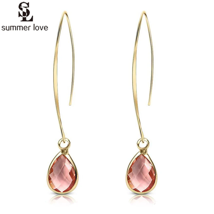 2024 Trendy Teardrop Crystal Dangle Earrings for Women Girls Fashion Gold Color Pink Waterdrop Long Earring Bridesmaid Jewelry