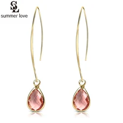 2024 Trendy Teardrop Crystal Dangle Earrings for Women Girls Fashion Gold Color Pink Waterdrop Long Earring Bridesmaid Jewelry