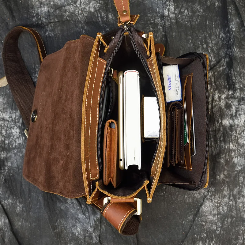 Mala de ombro de couro louca para homens, couro genuíno iPad, bolsa mensageiro vintage, bolsa de viagem casual, bolsa de couro durável