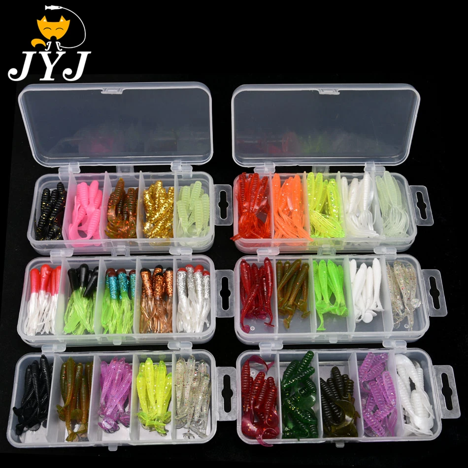 

JYJ box package 30pcs 50pcs 4cm 5cm 6cm soft silica lure grub maggot worm bait with T-tail isca pesca artificial worm lure bait