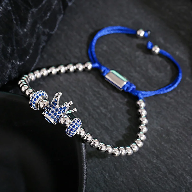 Luxury Blue Crown CZ Zircon Pave Weaving Bracelet Homme Pulsera Hombre Men Women Copper Beads Bracelet