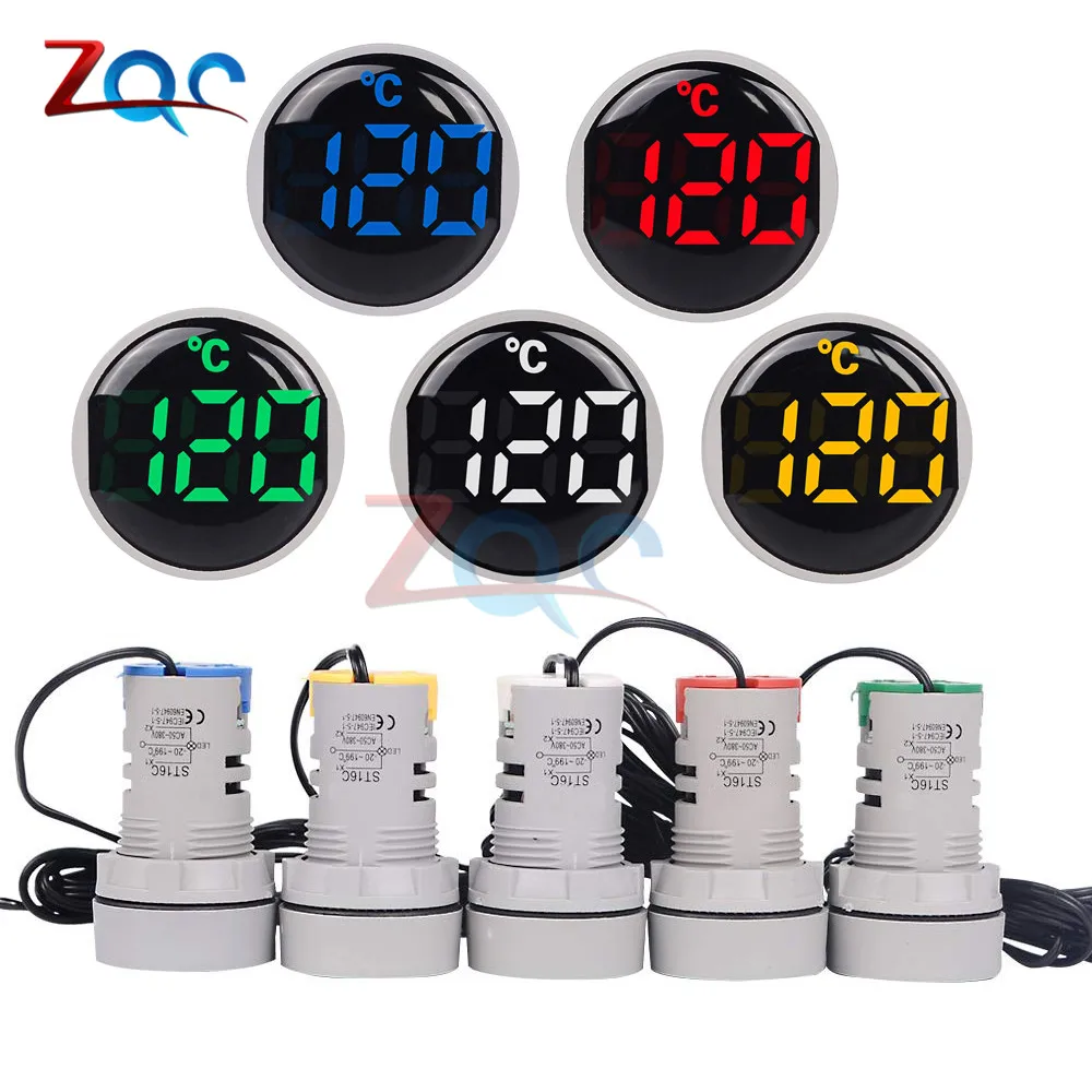 22mm Round Small Mini LED Light Display Thermometer Digital Temperature Meter Indicator AC 50 -380V 220V -20-120℃ with 1m Sensor