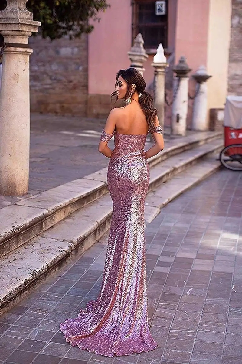 Rose Gold Mermaid Sequin ชุดราตรี Gowns Off ไหล่ค็อกเทลปาร์ตี้ชุดสำหรับเจ้าสาวแขนหมวกประกวดชุด Plus ขนาด