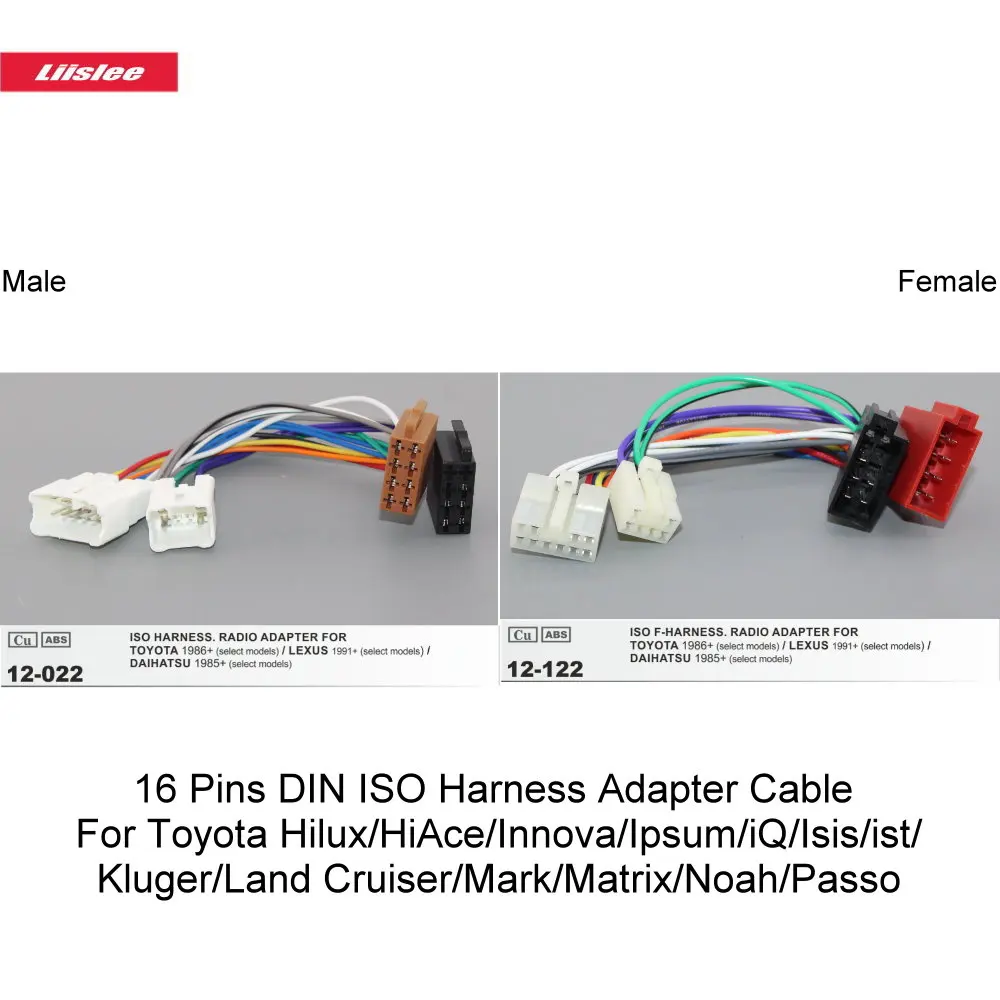 

16 Pins DIN ISO Harness Adapter Cable For Toyota Hilux/HiAce/Innova/Ipsum/iQ/Isis/Ist/Kluger/Land Cruiser/Mark/Matrix/Noah/Passo