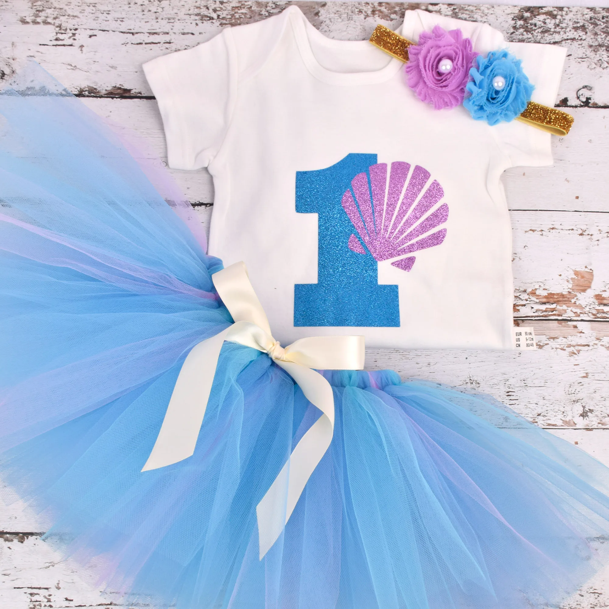 Baby Girl One Year Mermaid 1 First Birthday Tutu Outfit Summer Baby Romper Clothes Tulle Mesh Party Tutu Skirt Set Clothing