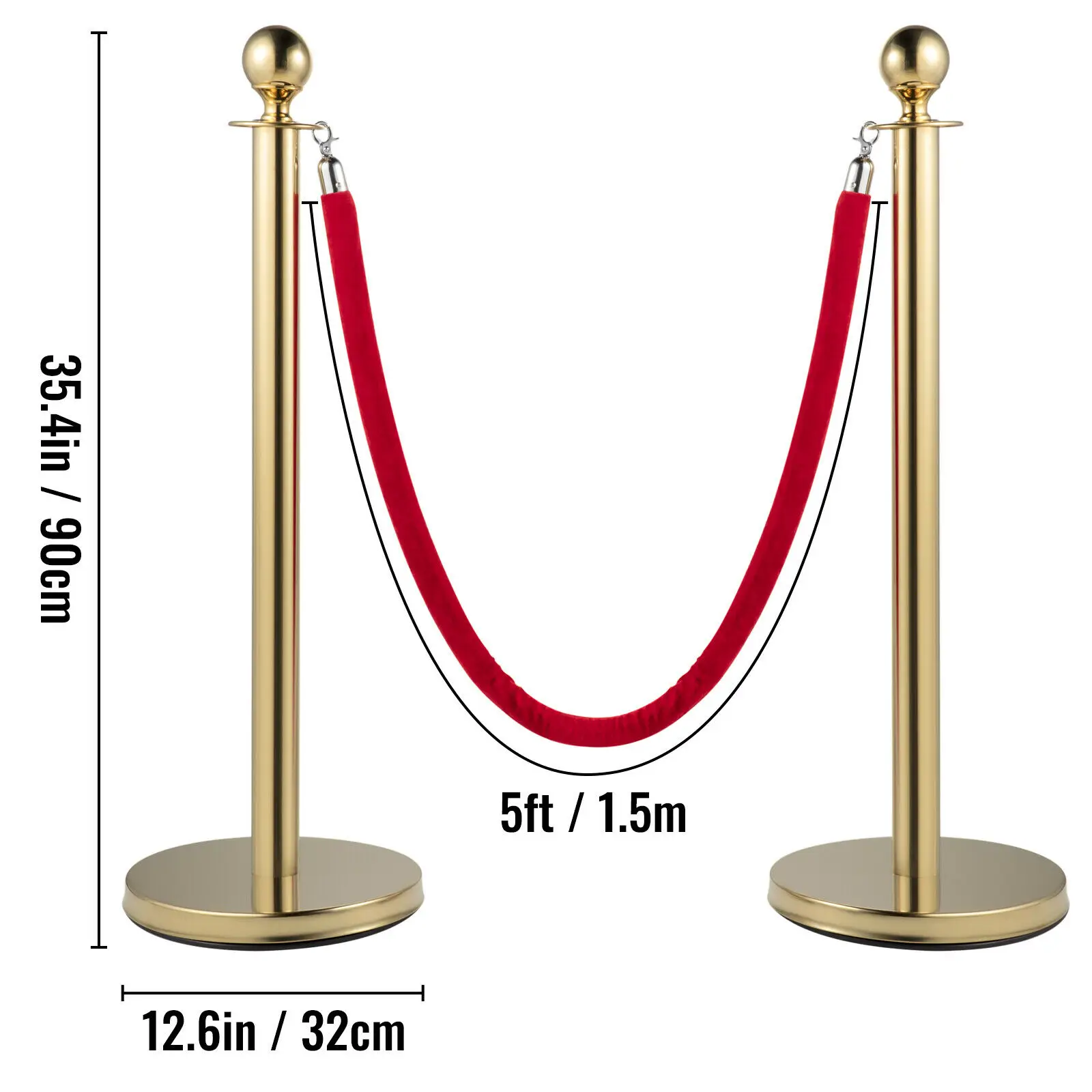 VEVOR 35.4 Inch Gold/Silver Crowd Control Stanchion Posts Queue Red/Black Velvet Rope Line Barriers with Stable Base for Stadium