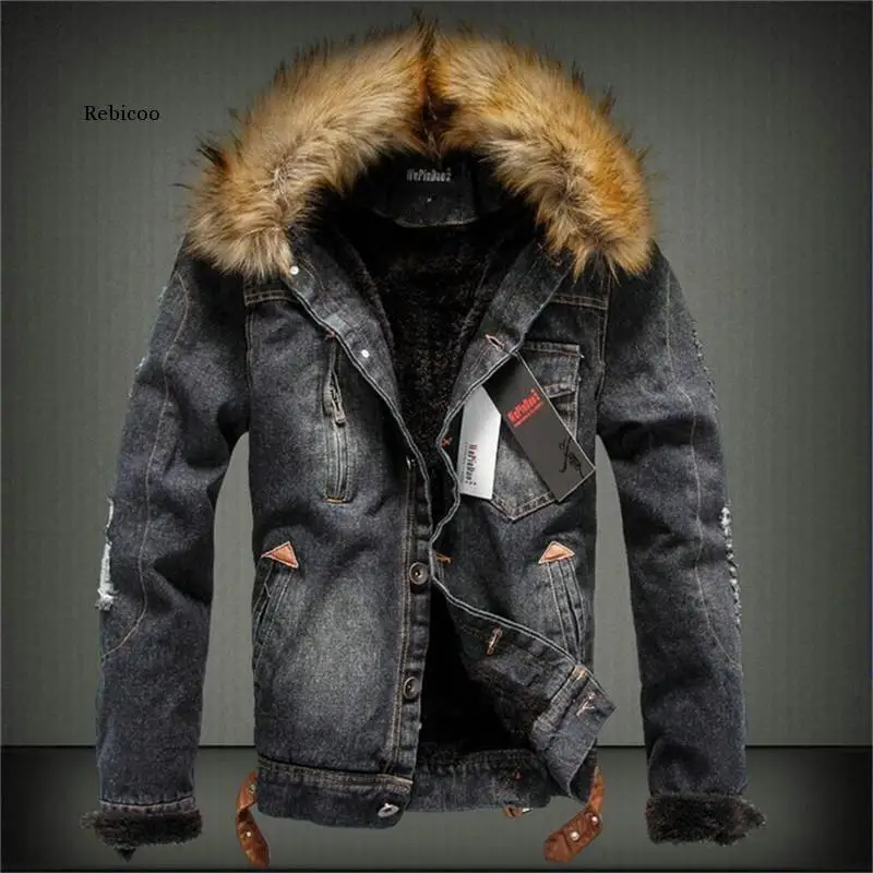 

New Fur Collar Men Denim Jacket Winter Thick Denim Jacket Retro Jacket