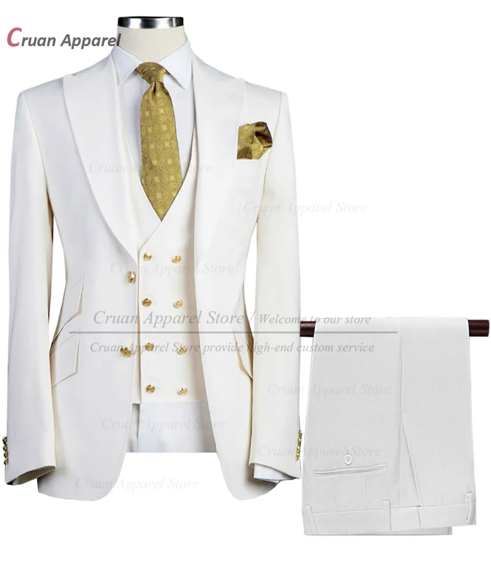 Tailor-made Brand Ivory White Suits for Men Slim fit Prom Wedding Groom Tuxedo Set Party Gold Buttons Blazer Vest Pants 3 Pieces