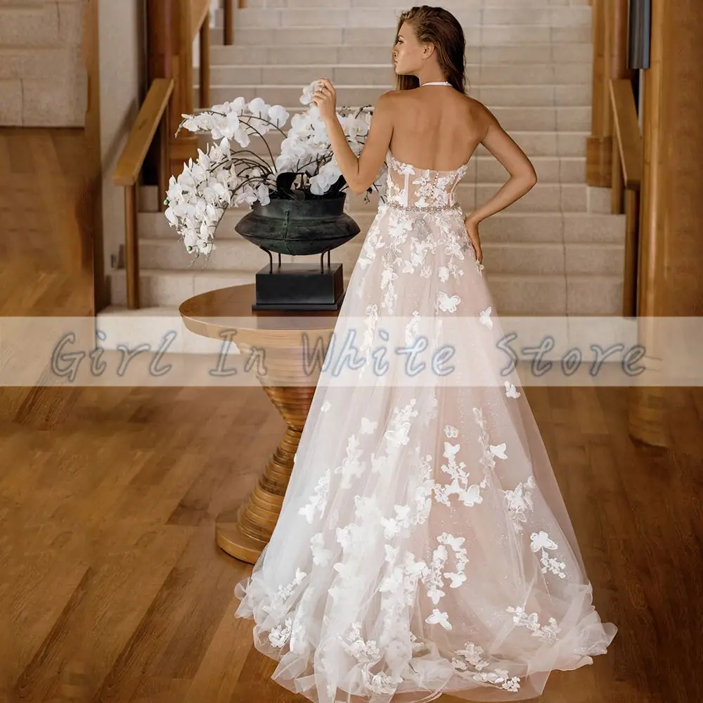 Sweet  Hater Wedding Dresses A-Line Appliques Lace Flowers Court Train customized Backless Wedding Dresses Vestido De Novia