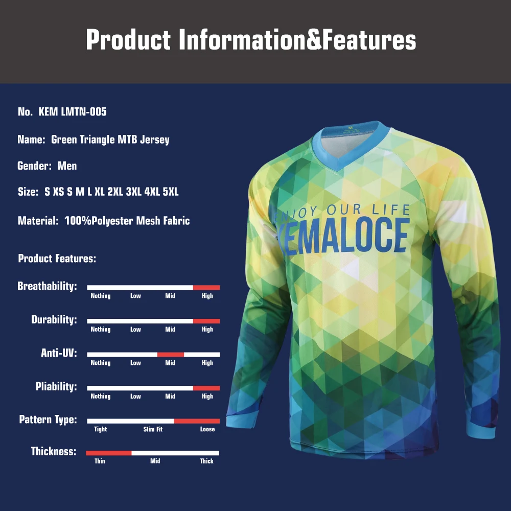 KEMALOCE Men Polyester MTB Jersey Green Long Sleeve Mountain Bike Jersey Summer Anti-Sweat Full Red Mtb Motocross Jersey Uniform