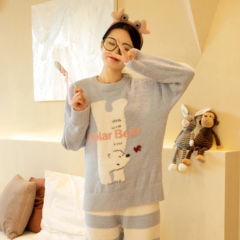 ญี่ปุ่นหมี Kawaii ชุดนอน O-Neck Pullover แขนยาวและกางเกงลาย Homewear ฤดูหนาว Warm หนาผู้หญิงชุดนอน