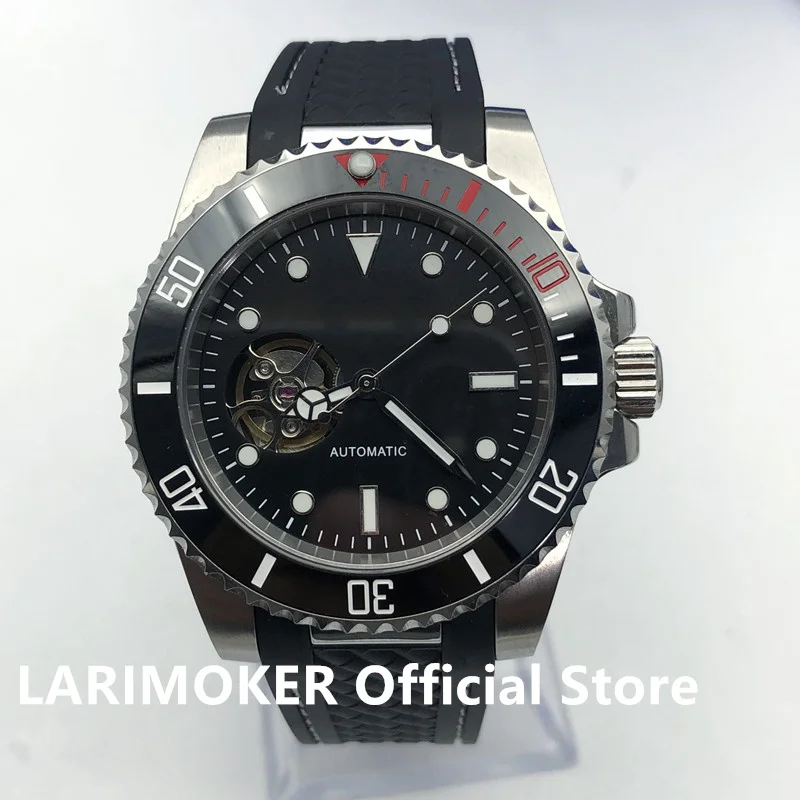 

LARIMOKER New 24Jewels 40MM NH38 Mechanical Movement Man Sapphire Glass Black Dial Rubber Bracelet Polishing Table