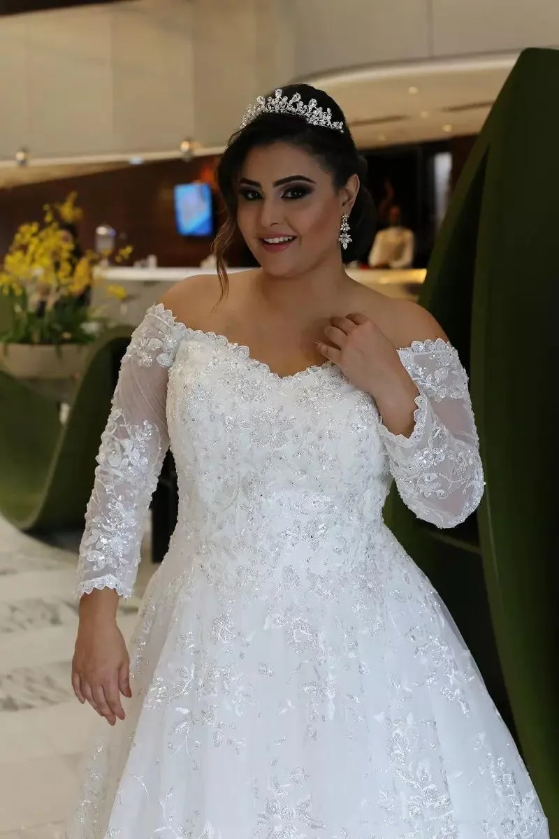 Vestidos de novia de encaje de manga larga, con apliques de cuentas, hombros al aire, línea A de tul