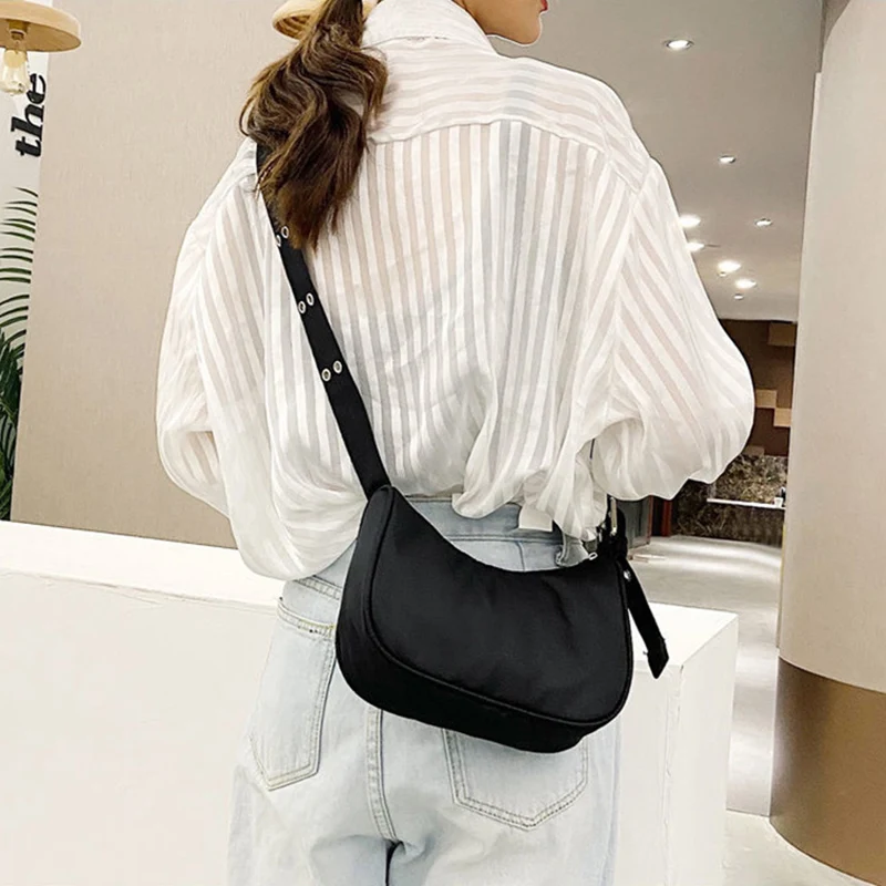 Casual Shoulder Bags For Women Black Waterproof Nylon Crossbody Bag Cool Girls Underarm Handbag Purse