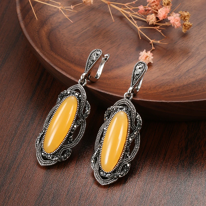 Wbmqda Hot Boho Yellow Stone Earring Ring Sets For Women Tibetan Silver AAA Gray Crystal Big Oval Earring Vintage Jewelry