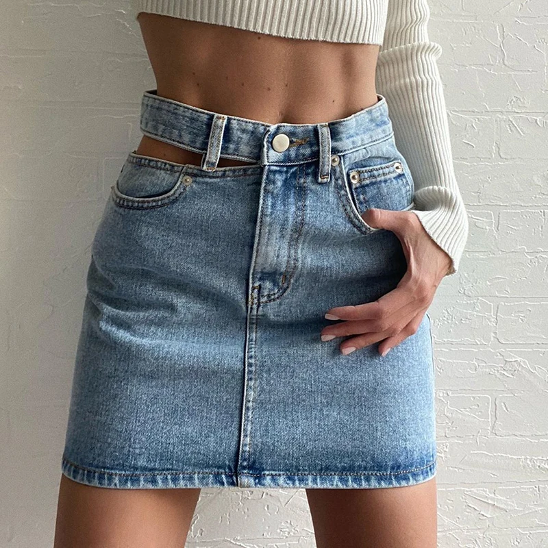 Summer women's skirt Harajuku fashion sexy side hollow blue denim high waist slimming  holiday pleated mini skirt