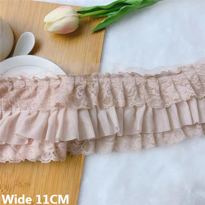 11CM Wide Three Layers Powder Pink Chiffon Pleated Lace Fabirc Embroidered Fringe Ribbon Pettiskirt DIY Sewing Patchwork Decor