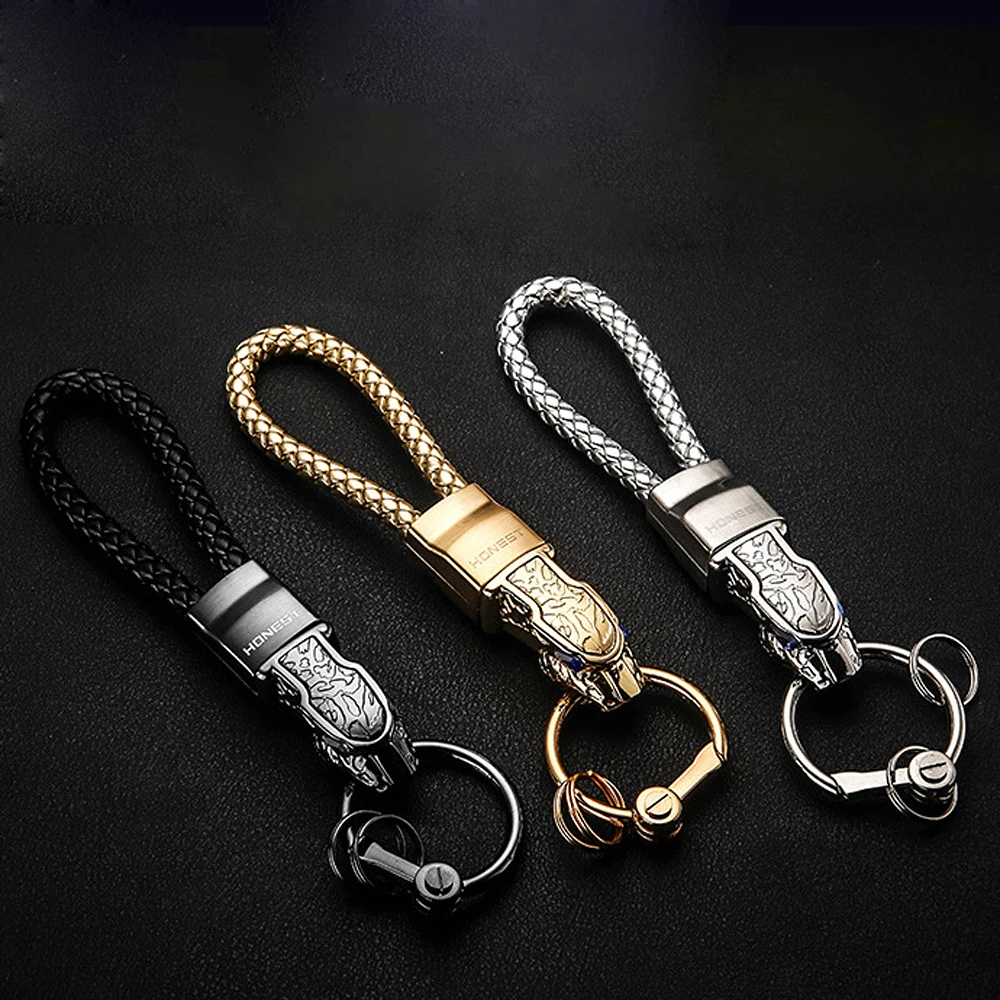 High Quality Boxed  Car Keychains Luxury Creative Leopard Head Metal Key ring Portable Leather Cord Key chain