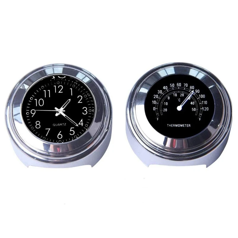 2PCS Motorcycle Quartz Clock and Thermometer 7/8Inch Waterproof Bike Handlebar Watch Aluminum Universal Accessories