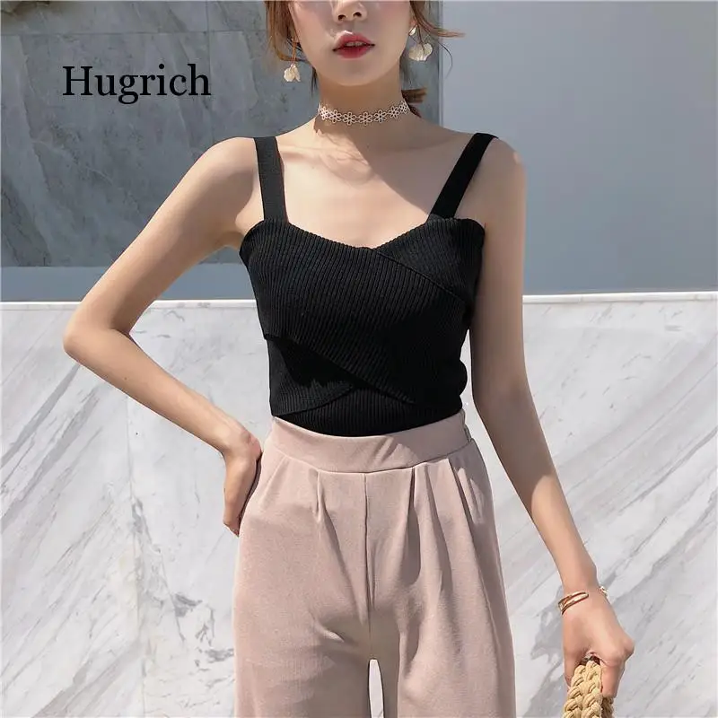 Women Camisoles Female Knitted Solid Crop Tops Cross Chest Fashion Camisole Ladies Strapless Spaghetti Crop Top for Women