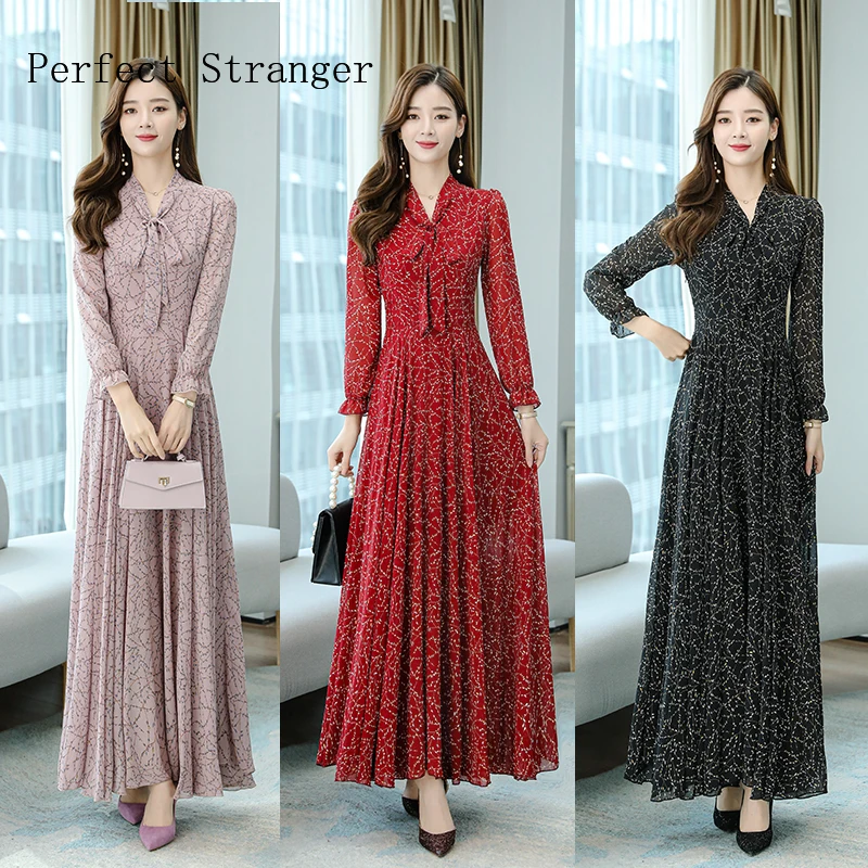 2021  S-XL Autumn New Arrival High Quality Bow Collar Flower Printed Long Sleeve Women Chiffon Long  Dress