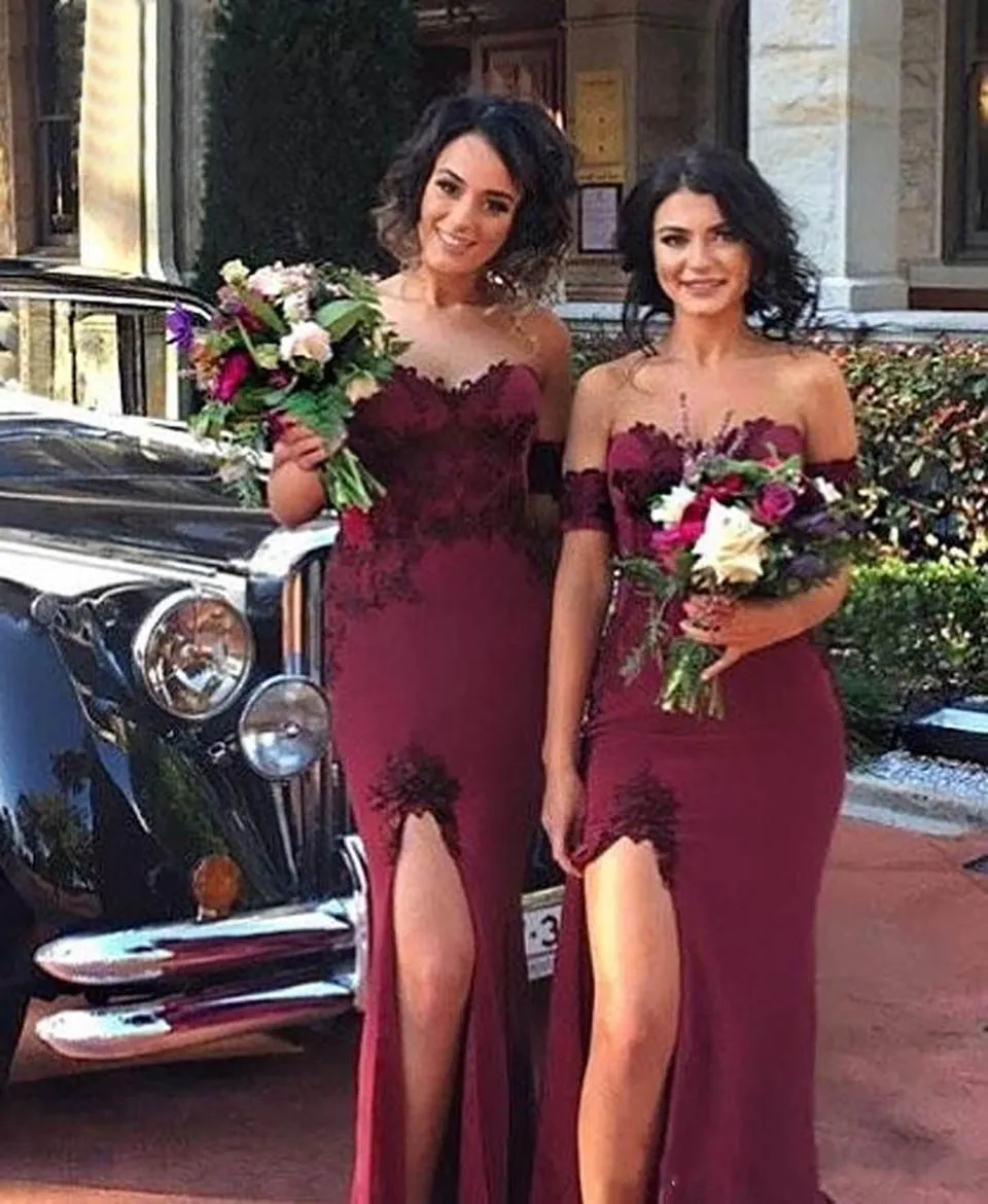 

High slit strapless applique bridesmaid dress stretch satin mermaid dress prom party dress thigh