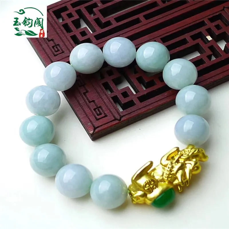 

12mm Natural Burma jadite Jade Bangle Mala Bead Golden brave troops Amulet