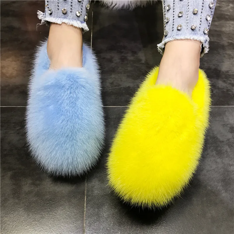 2024 New Real Mink Fur Women Flats Moccasins Winter Warm Shoes Outside Loafers Espadrilles Ladies Thick Sole Flat Fur Shoes